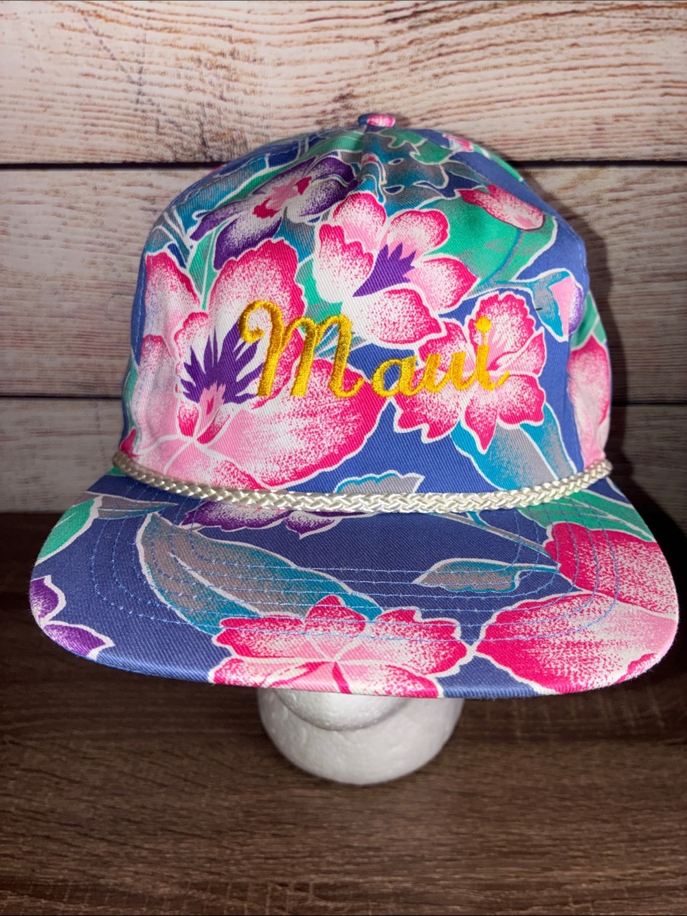 Vintage Sun San 80’s Maui Floral Rope Trim Snapback Hat Pink,Blue,Green Like New